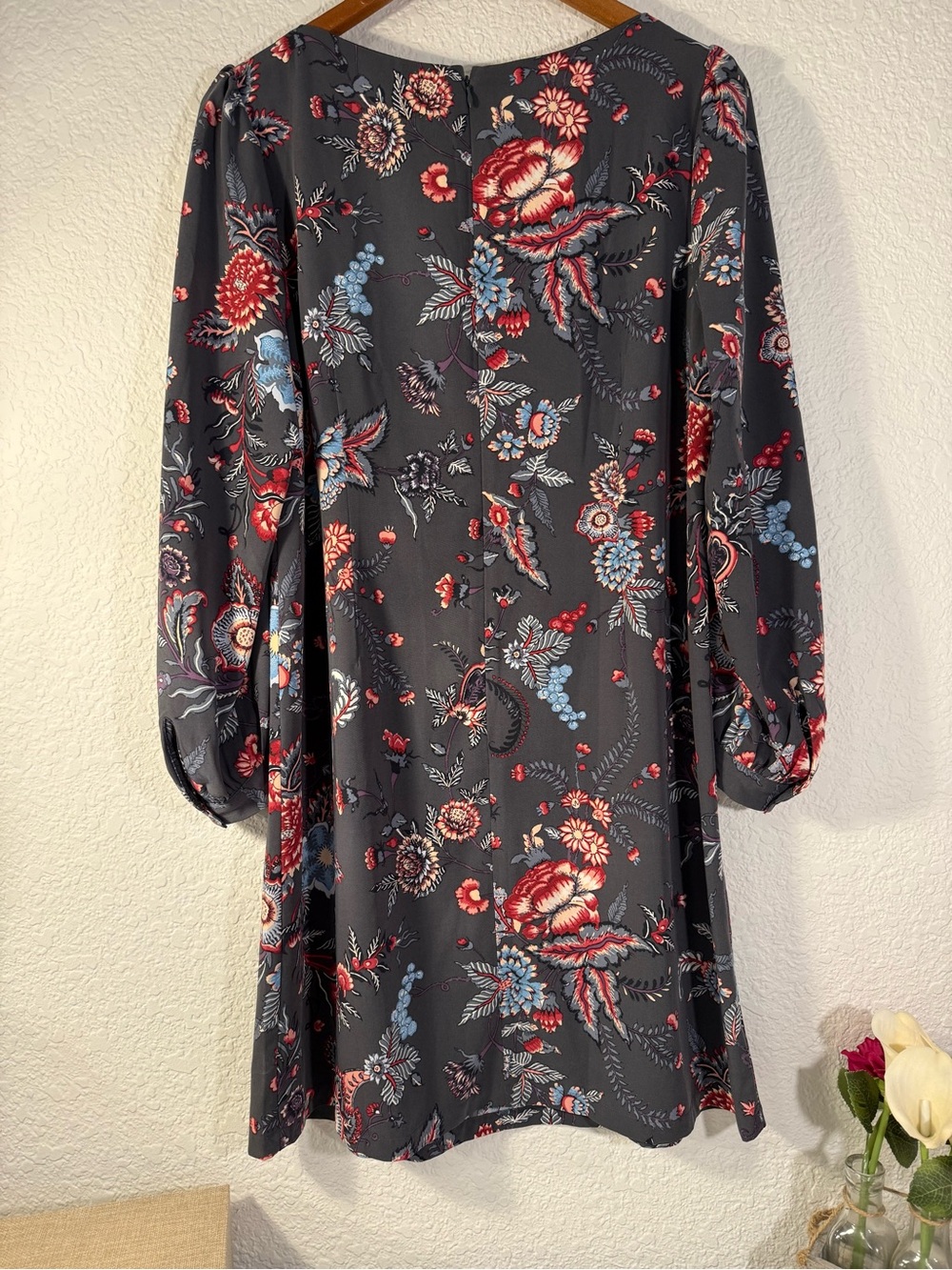 LOFT Gray Floral Long Sleeve Shift Dress Size 12 Boho Business Casual - Picture 4 of 10